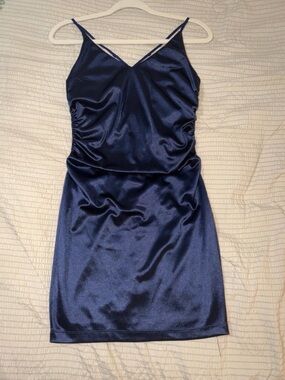 Honey and Rosie Navy Satin Dress with Spaghetti Straps